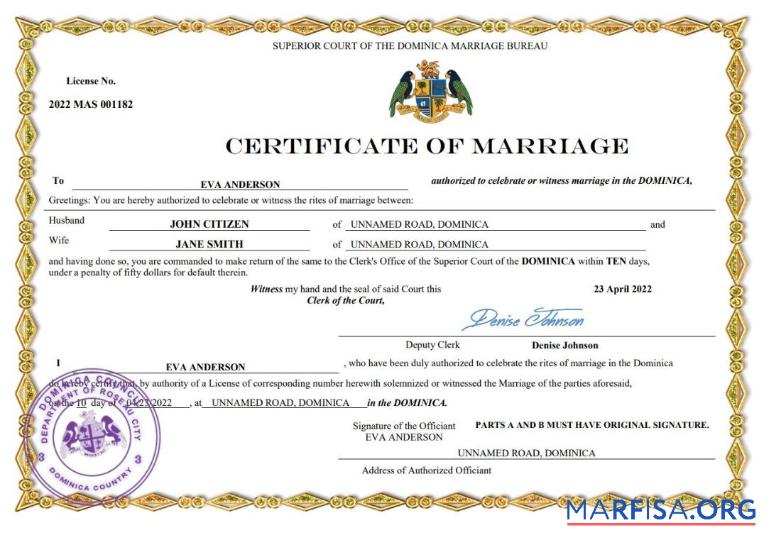 Downloadable Dominica marriage certificate Word and PDF template